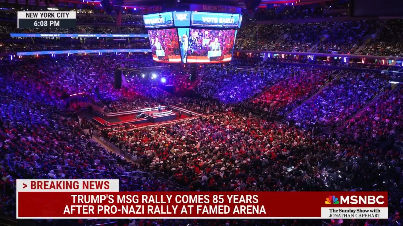 Freeze frame of MSNBC's coverage of Donald Trump's 2024 election rally at Madison Square Garden