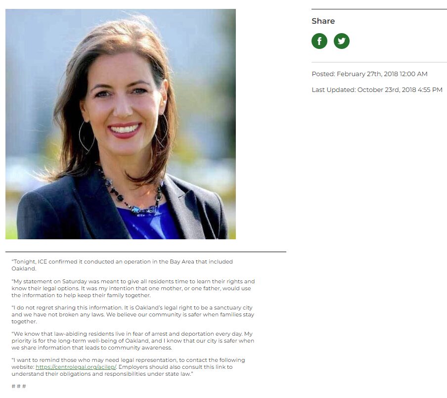 Screenshot of Oakland Mayor Libby Schaaf's statement addressing the controversy.