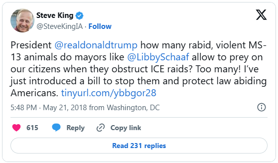 Representative Steve King's tweet showing criticism of Shaaf's actions and intentions for a bill to protect Americans